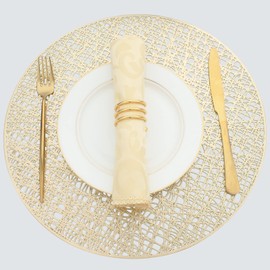 Evevda Gold Round Placemats for Dinner Table Set of 6 No-Slip Wipeable Line Pattern Table Mats Metallic Plastic Vinyl Place Mats for Anniversary Daily Use Daily Use(Dia:15inch/38cm)
