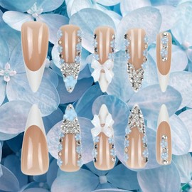 White French Tip Press on Nails Long Almond Fake Nails Blue Flowers False Nails Stiletto Stick on Nails with 3D Bow Flower Design Glossy Glue on Nails for Coquette Women Manicure 24Pcs