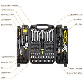 TLGREEN 95 Piece Tool Set, Tool Kit, Mechanics Tool Set, Portable Toolbox with Adjustable Wrench Pliers Socket Bits, with Plastic Toolbox Storage Case, for House Apartment Garage (Yellow)