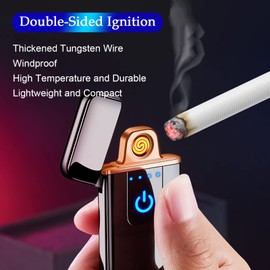 Electronic Lighter, Windproof USB Rechargeable Slim Coil Electric Lighters with Smart Fingerprint Sensor Double Side Ignition,Creative Power Indicator Flameless for Gifts(Black)