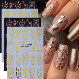 Heart Nail Stickers Gold Nail Decals Fall Nail Art Stickers 4PCS 3D Self Adhesive Metallic Sticker for Nails Rose Gold Flower Design Nail Manicure Accessories Autumn Plant Nail Art Supplies for Women