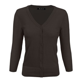 YEMAK Women's Knit Cardigan Sweater – 3/4 Sleeve V-Neck Basic Classic Casual Button Down Soft Lightweight Knitted Top CO078-Coffee-M