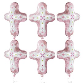 Pink Baptism Cross Balloons For Holy Communion, God Bless Christening Confirmation Easter Party Decorations Kids Boys Girls Party Supplies Baby Shower, 6 Cross Helium Mylar Foil Balloons with Ribbon