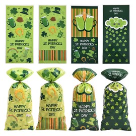50PCS St.Patrick’s Day Cellophane Treat Bags Green Lucky Shamrock Print Pattern Cellophane Plastic Goodie Candy Gift Favor Bags Cookie Snack Packing Decor with Twist Ties for Saint Patrick Party Favor