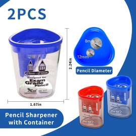 2 PCs Pencil Sharpener with Container,Dual Holes (8mm, 12mm) Pencil Sharpener for Kids,Adults,School, Home and Office Lip Liner,Eyeliner,Eyebrow,Make Up,Sharpener-Red and Blue