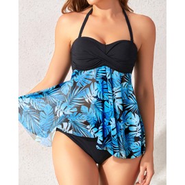Tempt Me Womens Blue Leaves Two Piece Bathing Suits Halter Bandeau Tankini Top Flyaway Swimsuit with Bottoms Tummy Control Swimwear L