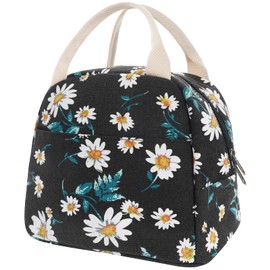 EurCross Black Lunch Bag Floral Daisy Women Tote Box Reusable Canvas Cooler Container Lunch Holder Portable Meal Prep Water-resistant for Kids Girls for School, White Daisy