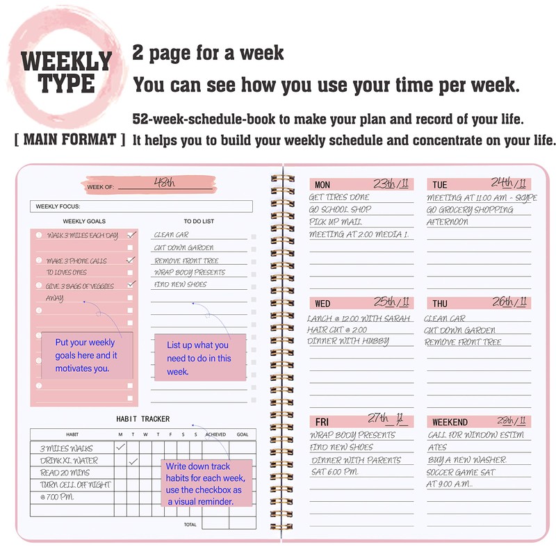 Undated Weekly Planner- Weekly Goals Notebook, A5 To Do List