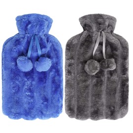 2 x Hot Water Bottles - Luxury Cosy Faux Fur Fleece Cover with Pom Poms - Natural Rubber 2 Litre Capacity - (Grey and Blue)