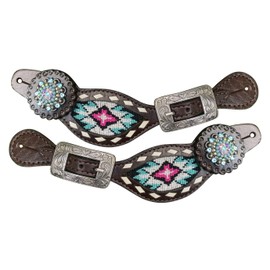 Showman Ladies Pink & Teal Beaded Leather Spur Straps