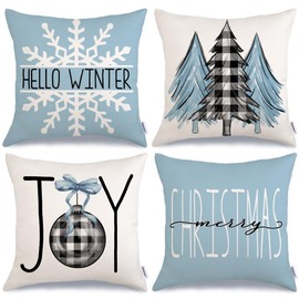 GEEORY Christmas Pillow Covers 16x16 Set of 4 for Xmas Decorations Christmas Tree Joy Snow Merry Christmas Throw Pillow Cases Winter Holiday Farmhouse Decor for Home G589-16