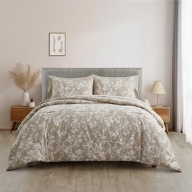 SHALALA Floral Comforter Set Queen Size, 7 Pieces Khaki Floral Comforter Bedding Sets with Pillow Shams, Lightweight Comforter Bed in a Bag for All Season