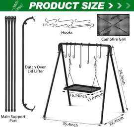 Rossesay Campfire Swing Grill Stand Adjustable Grill Campfire Cooking Stand Hanging Grill Rack with 8 Hooks and Accessories Campfire Cooking Equipment for BBQ Picnic Outdoor Cookware Party