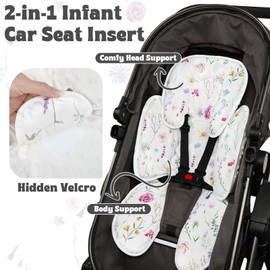 Infant Car Seat Insert Pea Pod 2-in-1 Baby Car Seat Head & Body Support for Newborn Girl Reversible 3 Layer Warm Preemie Carseat Stroller Cushion Headrest with Soft Minky Dot Fabric, Wildflower