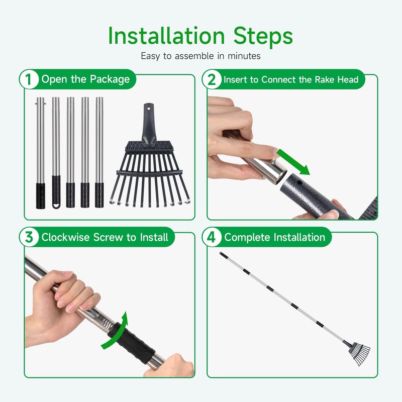 GreatBuddy Adjustable Leaf Rake, 8'' Wide Metal Rake, Perfect for