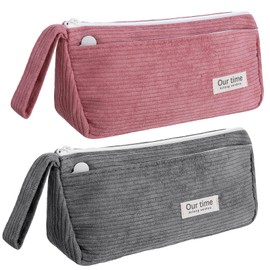 Candcamp 2 Pcs Corduroy Pencil Case Stylish Simple Pencil Pouch with Zip Portable School Stationery Organizer Pencil Bags for Girls Boys Teenage(Pink/Grey)