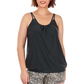 Ocean Blues Women's Black Plus Size Tankini Top Only Blouson Tummy Control Tankini Bathing Suit Top Size XX-Large
