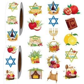 Luvsweets Happy Sukkot Decorations Stickers - 1000Pcs Jewish Sukkah Decor Stickers in 2 Rolls, Self Adhesive Decal for Sukkot Sukkah Party Favor Supplies Gifts, 16 Designs