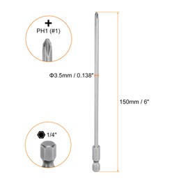 sourcing map #1 Phillips Screwdriver Bit PH1 1/4" Hex Shank 6" (150mm) Long Magnetic S2 Steel Industrial Grade Screw Driver Bit Cross Head Electric Drill Bits 0.138" (3.5mm) Rod