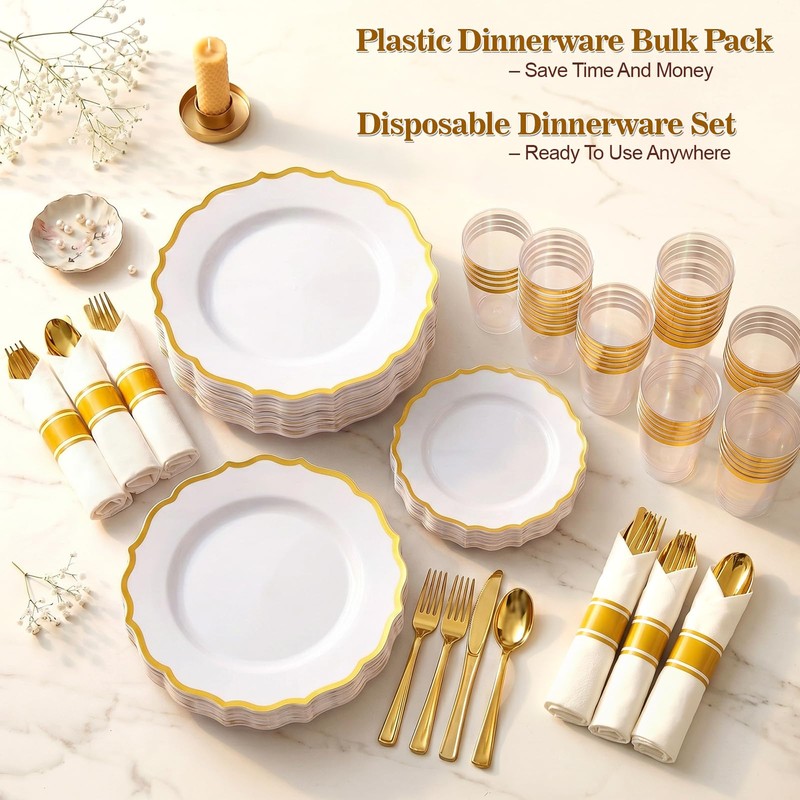 Glowserve 50 Guests 350 PCS Disposable Plastic Plates Gold Dinnerware