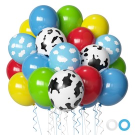 Cow Print Sky Blue Cloud Balloons Set, 12Inch 60pcs Cow Pattern Cloud Yellow Red Blue Green Balloons For Boys Girls Party Farm Themed Party Birthday Baby Shower Party Decorations