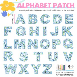 Sekonow 26 Pieces Iron on Letters for Clothing, Alphabet Embroidered Fabric Letter Patches A-Z, for Clothes, Hats, Jeans, Shirts, Bags, Blue Leaves
