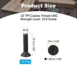 PATIKIL #6-32 x 5/8" Flat Head Socket Cap Screws 10 Pack Flat Head Countersunk Screws Hex Drive Machine Screws Full Thread Coarse Thread UNC Black Oxide Grade 10.9