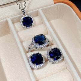 18K White Gold Plated Blue Created Sapphire Jewelry Sets for Women Costume Wedding Jewelry Set with Necklace Ring Earring for Bride Bridesmaid Sapphire Blue Zircon Pendant Earrings Ring Size 10