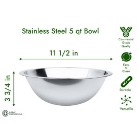 Great Credentials 5 Quart, Set of 2, Mixing Bowls, Stainless Steel, Professional Chef, Commercial Kitchen, 11.5 Inches Diameter, Flat Base
