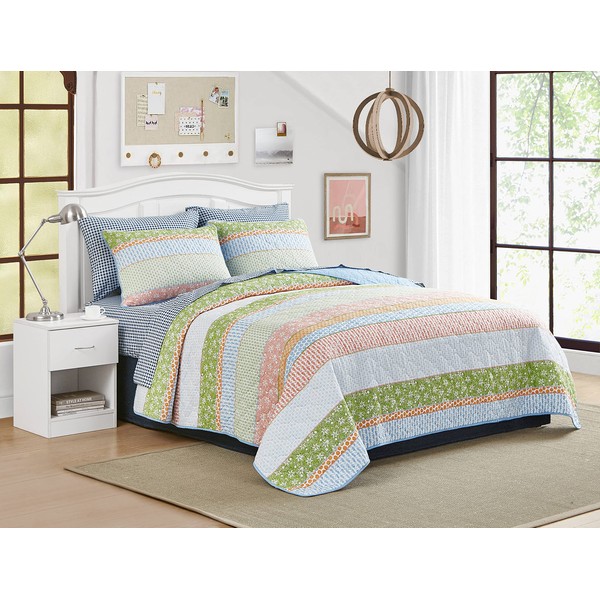 Poppy & Fritz - Charlie Collection - Quilt Set - 100% Cotton, Reversible, Medium Weight Bedding with Matching Shams, Pre-Washed for Added Comfort, Queen, Blue