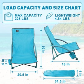 LANMOUNTAIN 2 Pack Low Beach Chair,Folding Recliner Camping Chair for Adults,Lightweight Backpacking Low Seat Camping Chairs with Cup Holder, Carry Bag for Outdoor Camp Lawn Picnic Festival,Blue