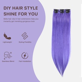 Bella Hair Clip-in Human Hair Extensions Real Human Hair - 30g 6pcs 20 inch Lightweight Straight Remy Human Hair Hairpieces for Highlights & Mix Shades - Purple