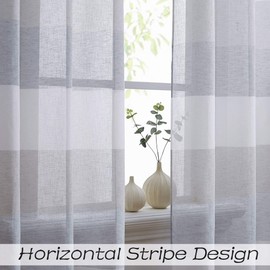 Central Park Gray and Smoke Blue Stripe Sheer Color Block Window Curtain Panel Linen Window Treatment for Bedroom Living Room Farmhouse 63 inches Long with Grommets, 2 Panel Rustic Drapes