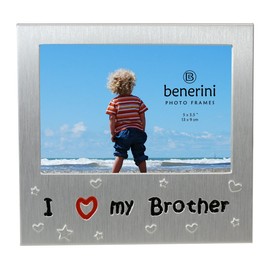 I Love My Brother - Photo Picture Frame Gift - Will take a photo of 5 x 3.5 Inches (13 x 9 cm) - Brushed Aluminium Satin Silver Color.