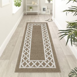 Marina Decoration Decor Luxury Non-Slip Rubber Backing Safety Soft Runner Area Carpet Floor Area Rug Indoor Interior Accent Decorative Mat, Taupe Color Moroccan Trellis Design, 20 x 72 Inch