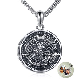 YFN Saint Michael Locket Necklace Sterling Silver Religious Protector Photo Pendant St Michael Archangel Jewelry Gifts for Women Men