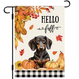 DLZDN Hello Fall Dog Garden Flag Dachshund Dog Pumpkins Flag 12×18 Inch Double Side Buffalo Plaid Farmhouse Yard Sign Autumn Seasonal Outdoor House Decoration