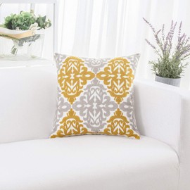 HWY 50 Decorative Throw Pillows Covers Embroidered Yellow and Light Grey Square Pillows Covers Cushion Cases for Couch Sofa Living Room Farmhouse Accent Geometric Floral Decor 18 x 18 inch 1 Piece