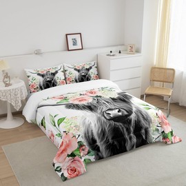 Feelyou Highland Cow Bedding Set Kids Rose Floral Bull Cattle Comforter Set for Girls Teens Western Wildlife Animal Comforter Farmhouse Duvet Set Room Decor Quilt Set Full Size