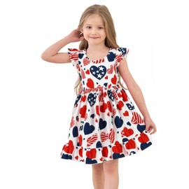 RETSUGO 4th of July Dress Girls FlutterSleeve Independence Day Heart Print Memorial Day Outfit Kids American Flag Patriotic Dresses 5-6 Years