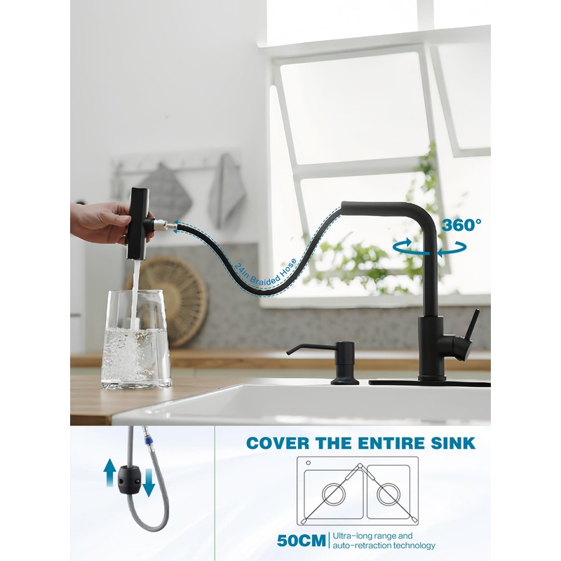 Black Kitchen Faucets with Pull Down Sprayer,Waterfall Kitchen Sink Faucet