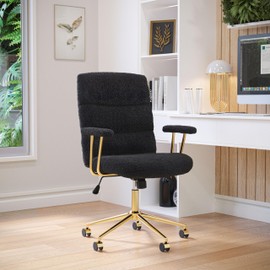 Elegant Black and Gold Office Chair with Textured Boucle Fabric, Modern Desk Chair with Padded Seat, Height Adjustable with Durable Gold Base