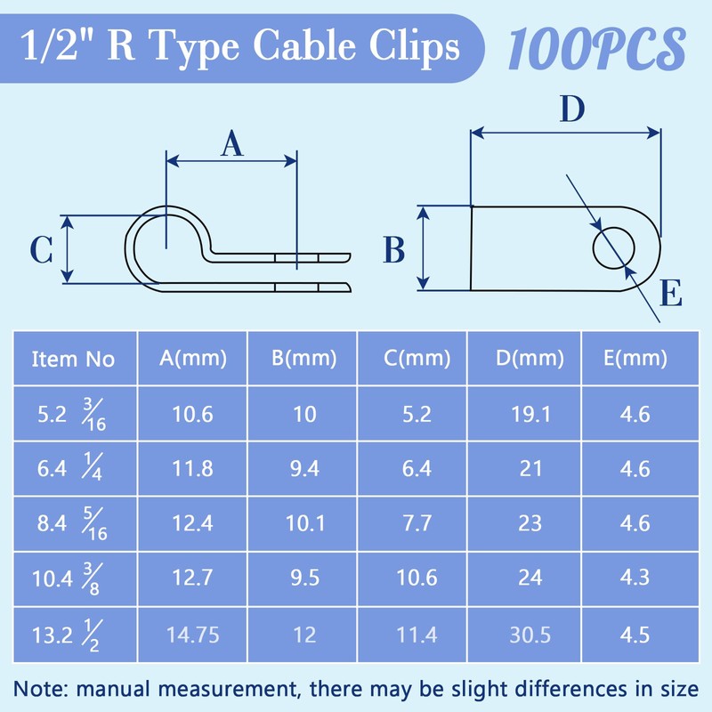 Pack of 100 R Type Cable Clips, 1/2 Inch Nylon