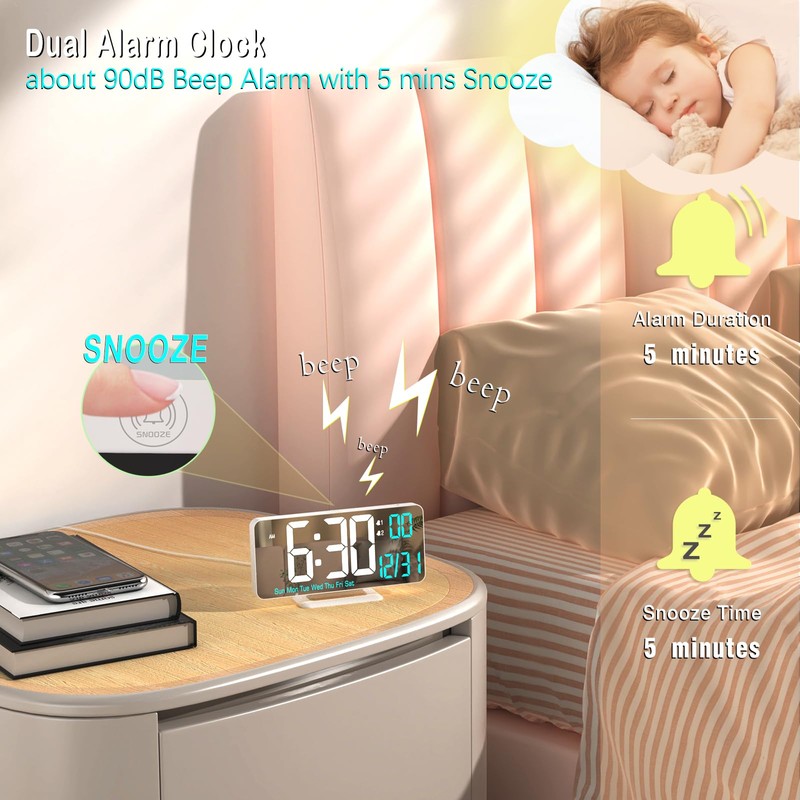 KOSUMOSU Digital LED Clocks for Bedrooms 6.7in White Alarm Clock,