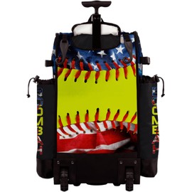 Boombah Rolling Catchers Superpack Bat Bag - 23-1/2" x 13-1/2" x 9-1/2" - Telescopic Handle - Holds 4 Bats - Wheeled Version - USA Softball Represent Red/Royal Blue/Optic Yellow