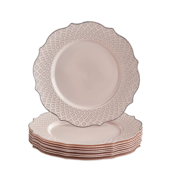 Fancy Disposable Dinner Plates (10 PC) Heavy Duty Plastic Plates, Rose Gold Party Supplies for Baby Showers, Weddings, Parties & Events, Pink Plates with Silver Embossed Rim - 10.25" - Harmony