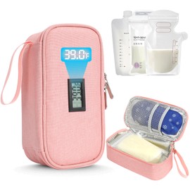YOUSHARES Breastmilk Cooler Travel Bag with Digital Thermometer, Small Insulated Baby Milk Storage with 2 Ice Packs, Daycare and On-The-Go Moms （Pink）