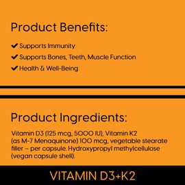 Vitamin D3 + K2 Capsules | 5000 IU Vitamin D3 & 100µg Vitamin K2 MK-7 | Supports Bones, Teeth, Muscles & Immune Function | 120 Vegetarian Capsules | Non-GMO | Gluten-Free Vitamin D Supplement