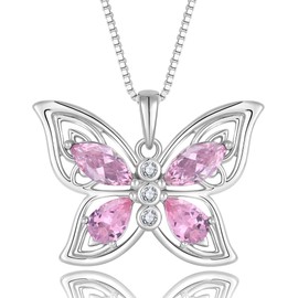 YL Big Butterfly Necklace for Women, Solid Sterling Silver 18K White Gold Plated Birthstone Teardrop Pendant Box Chain Jewelry, Sterling Silver, created pink tourmaline
