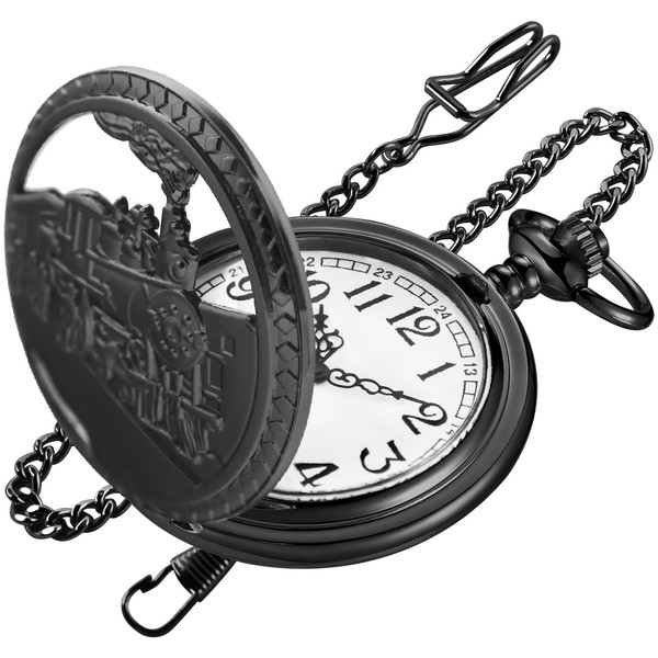 Black Hollow Right Locomotive Quartz Men's Pocket Watch, Arabic Numeral